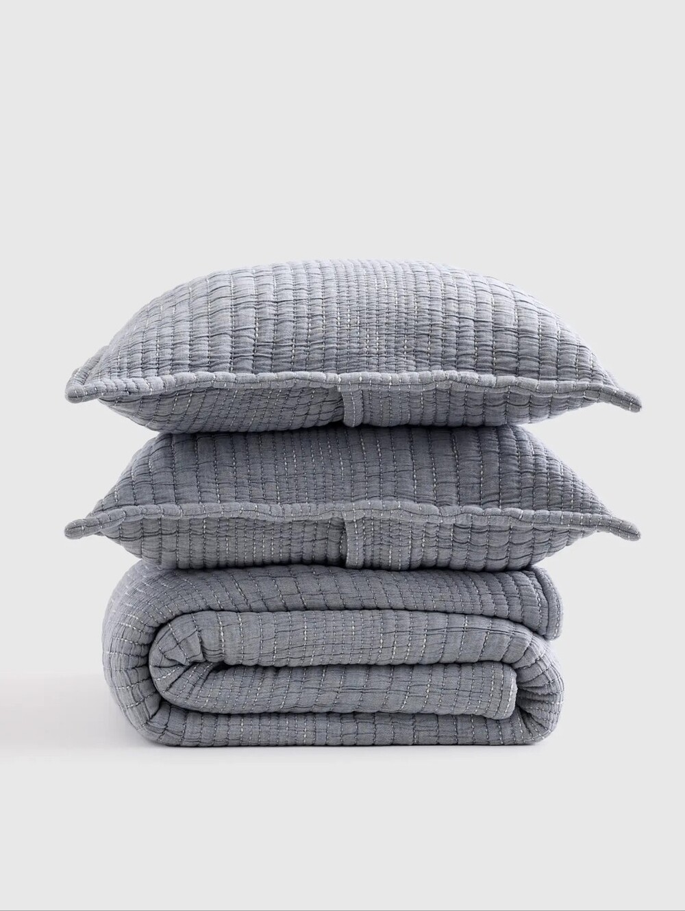 NWOT Quince Organic Cotton Channel Stitch Coverlet Set King Quilt & Shams Blue